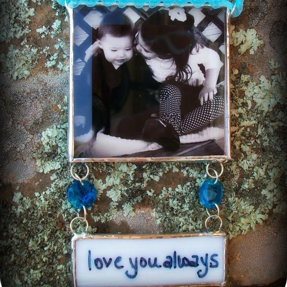 Insert Your Own Photo Soldered Glass Ornament With "write On" Hang Tag....turquoise Ribbon