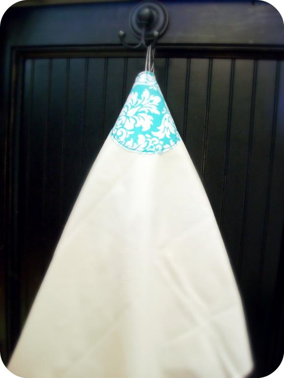 Turqoise And White Damask Fabric Flour Sack Towel With Hanging Loop...perfect Hostess Gift....