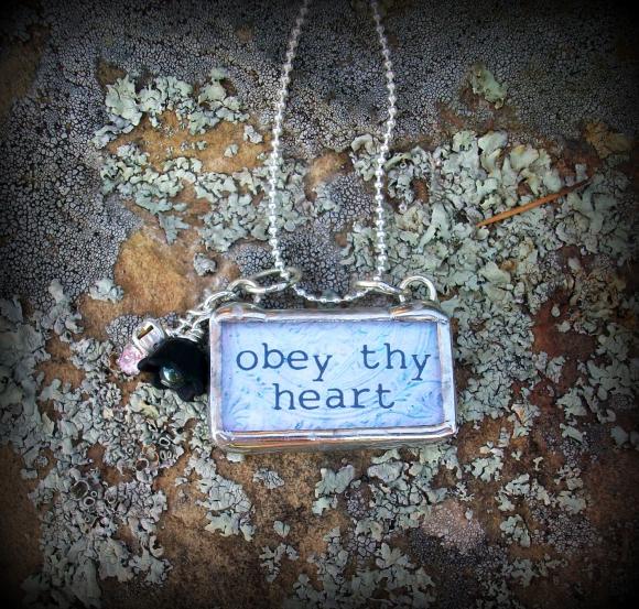 Obey Thy Heart Soldered Glass Pendant Necklace With Rhinestones And Beads....