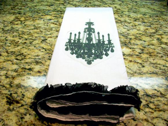 Chandelier Tea Towel With Black Ruffle Flower Trim