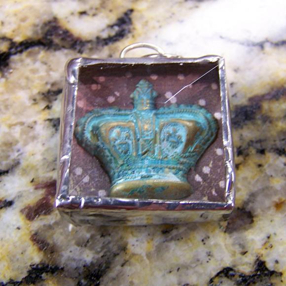 Shadow Box Crown Pendant With Hand-stamped Copper - Love -